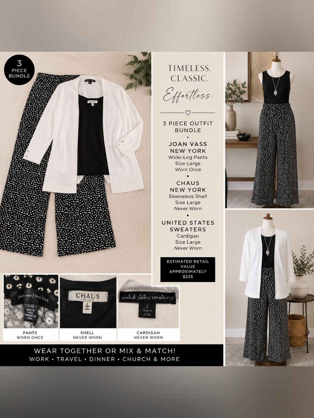 🦚Joan Vass & Chaus 3-Piece Black & White Outfit Bundle - Size L